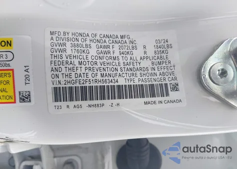 2024 Honda Civic Sport from USA, damaged, VIN 2HGFE2F51RH563434